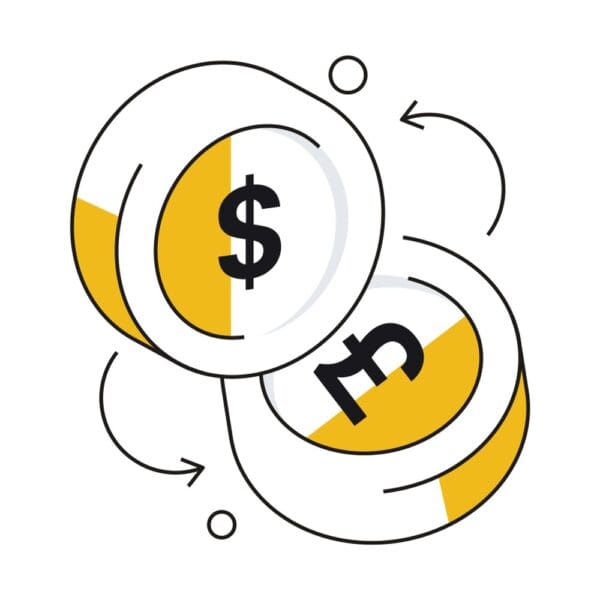 Isometric currency converter icon for global transactions.