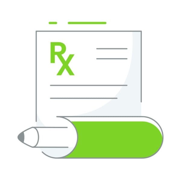 Prescription document icon representing medication instructions and pharmacy services.