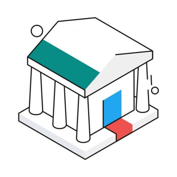 Isometric bank building icon for financial services representation.