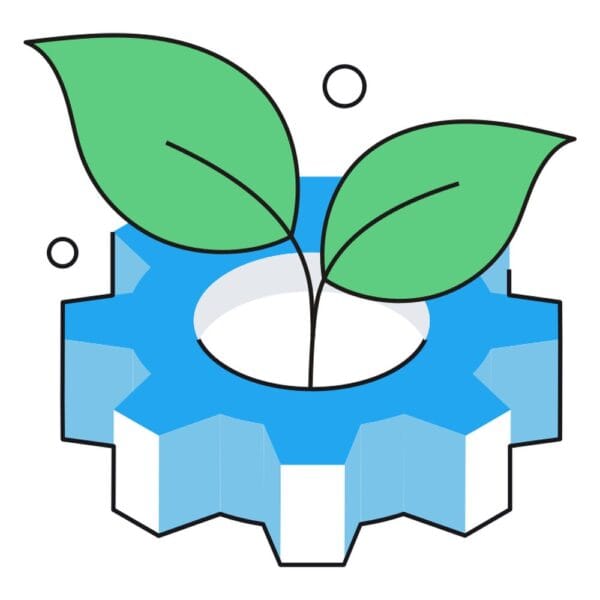 Illustration of a gear with a leaf in isometric style for green technology themes.