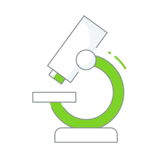 Microscope icon representing medical research and laboratory analysis.